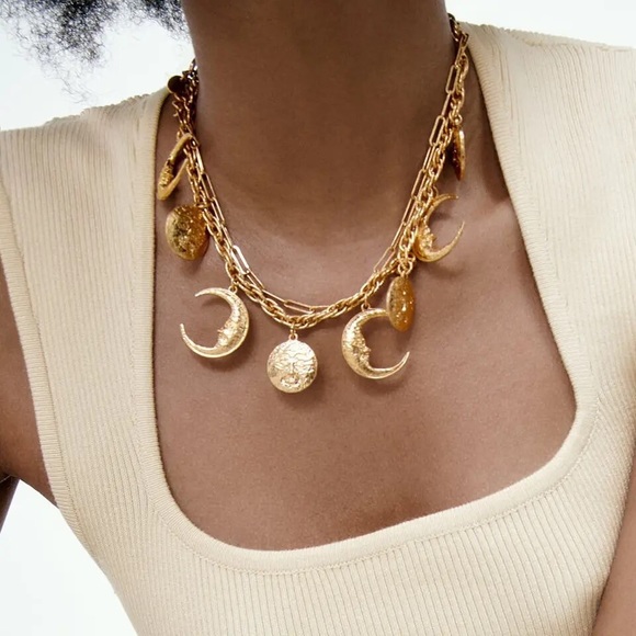 Zara Gold Charms Crystal Bar Circle Link Chain Necklace - Picture 14 of 14